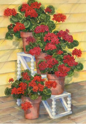click here to view larger image of Spindle Shelf Geraniums (hand painted canvases)