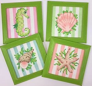 click here to view larger image of Sea Creatures on Pastel Cabana Stripes Inserts (hand painted canvases 2)