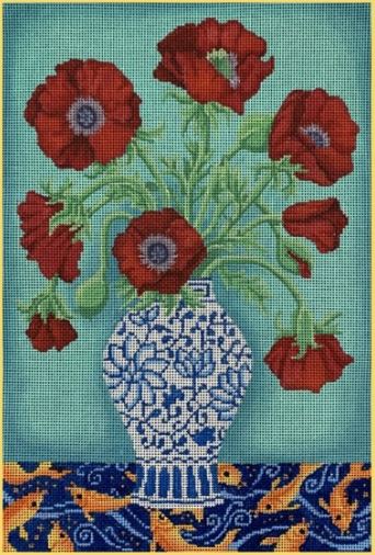 click here to view larger image of Red Poppies in Blue/White Vase (hand painted canvases)