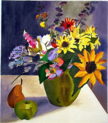 click here to view larger image of Flowers in Green Vase w/Apple & Pear (hand painted canvases)