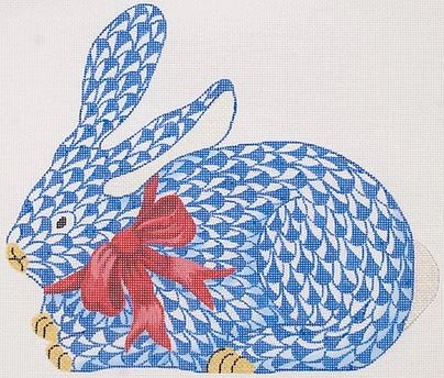 click here to view larger image of Herend Style Crouching Blue Fishnet Bunny w/Red Bow (hand painted canvases 2)