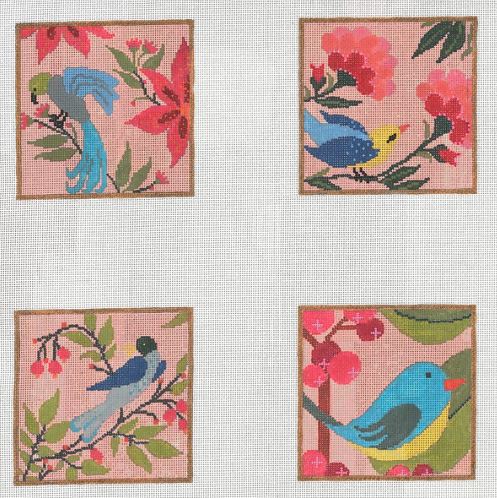 click here to view larger image of Garden Birds Coaster Set (hand painted canvases)