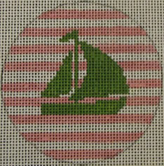 click here to view larger image of Sailboat on Stripe -  Green/Pale Pink (hand painted canvases)