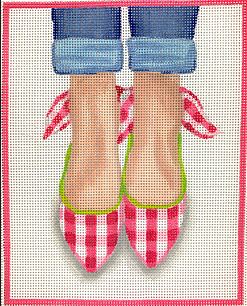 click here to view larger image of Here’s Looking at Shoe - Gingham Wedges w/Bows on Back (hand painted canvases 2)