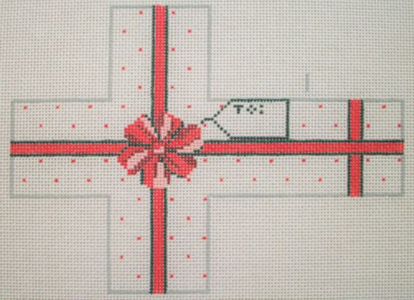 click here to view larger image of Package Ornament - White w/Red and Green Bow (hand painted canvases)