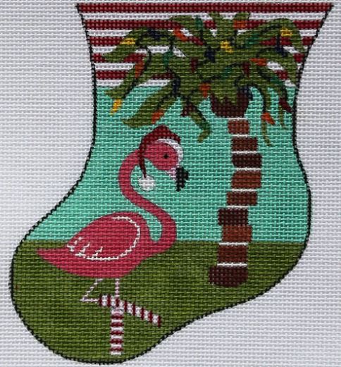 click here to view larger image of Flamingo w/Palm Tree Mini Stocking (hand painted canvases)