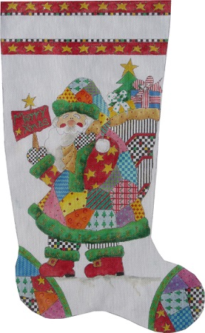click here to view larger image of Patchwork Santa Too ! Stocking (hand painted canvases)