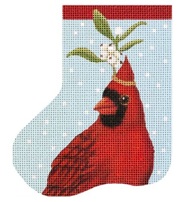 click here to view larger image of Cardinal Mini Sock w/Mistletoe (hand painted canvases)