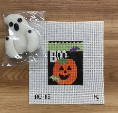 click here to view larger image of Boo Pumpkin Treat Bag w/Ghost (hand painted canvases)