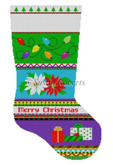 click here to view larger image of Bold Stripe Lights/Poinsettias/Presents Stocking (hand painted canvases)