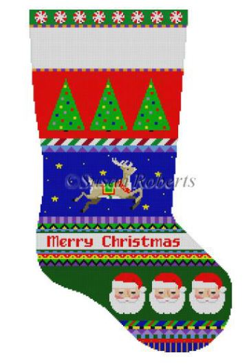 click here to view larger image of Bold Stripe Reindeer in Stars/Santa Face Stocking (hand painted canvases)