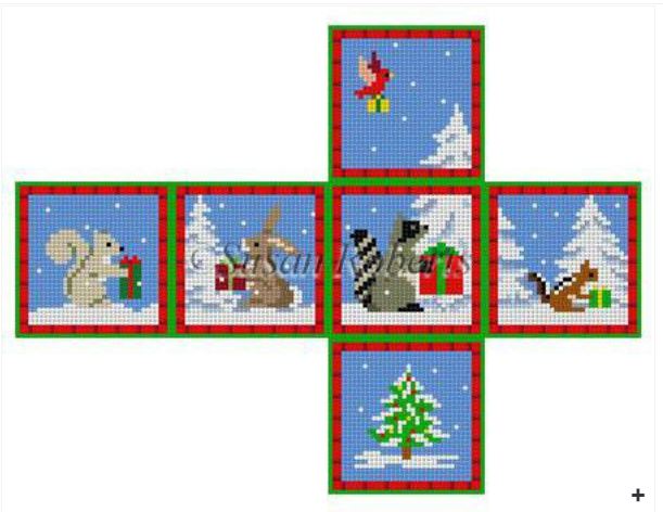 click here to view larger image of Cube Ornament - Forest Animals w/Presents (hand painted canvases)