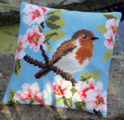 click here to view larger image of Robin and Blossoms Cushion (needlepoint kits)