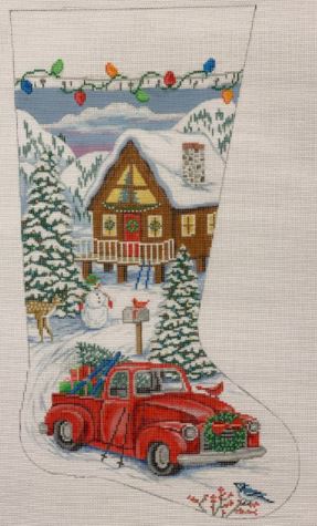click here to view larger image of Red Truck/Ski Lodge Stocking (hand painted canvases)