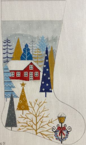 click here to view larger image of Blue/Gold Christmas Scene Stocking (hand painted canvases)