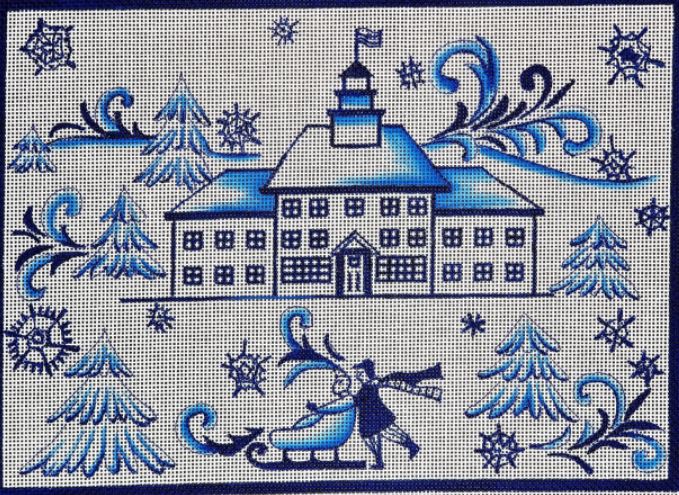 click here to view larger image of Toile School House - Couple Sled Blue (hand painted canvases)