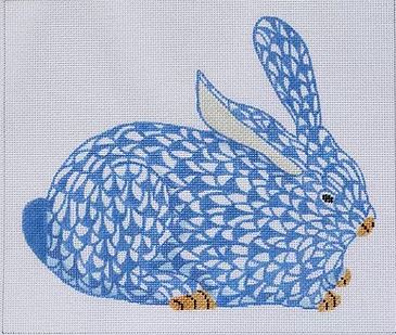 click here to view larger image of Herend Style Crouching Fishnet Bunny - Blue and Gold (Right Facing) (hand painted canvases 2)