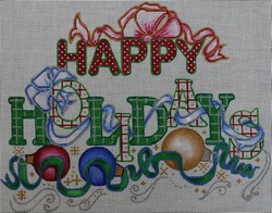 click here to view larger image of Happy Holidays w/Pink and Blue Ribbon (hand painted canvases)