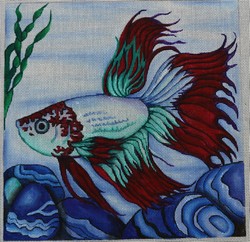 click here to view larger image of Red/Teal/Light Blue Fish w/Seaweed (hand painted canvases)