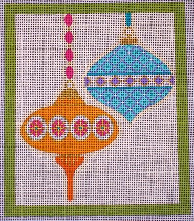 click here to view larger image of Merry and Bright - 2 Ornaments Short Teardrop Green Border (hand painted canvases)