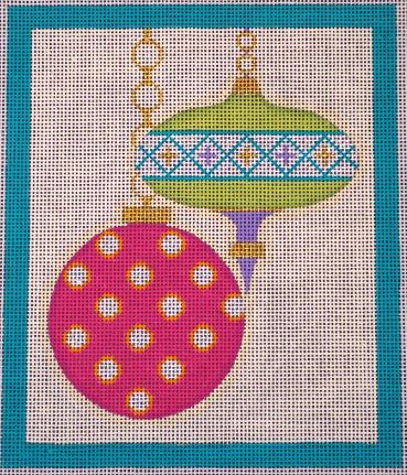 click here to view larger image of Merry and Bright - 2 Ornaments Round Dots Teal Border (hand painted canvases)