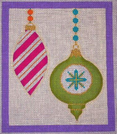 click here to view larger image of Merry and Bright - 2 Ornaments Candy Stripe Purple Border (hand painted canvases)