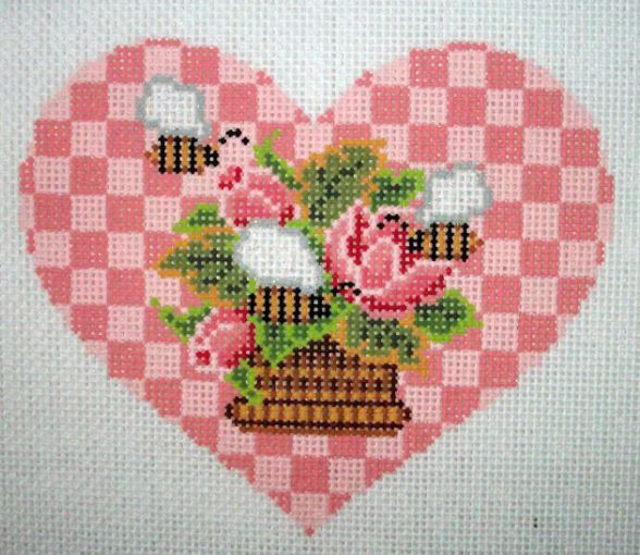 click here to view larger image of Christmas Roses Heart - Pink Checks (hand painted canvases)