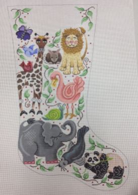 click here to view larger image of Animals and Greenery Stocking (hand painted canvases)