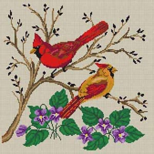 click here to view larger image of Cardinal and Violets Ecru (hand painted canvases)