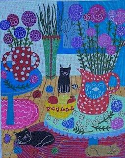 click here to view larger image of Phlox and 3 Cats (hand painted canvases)