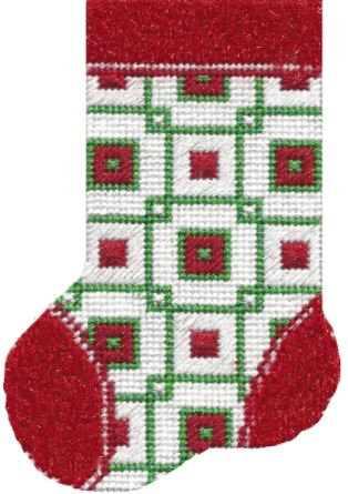 click here to view larger image of Mini Sock - White/Red/Green Squares (hand painted canvases)