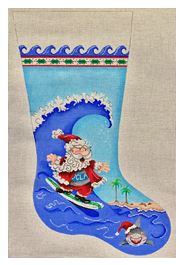 click here to view larger image of Surfing Santa Stocking (hand painted canvases)