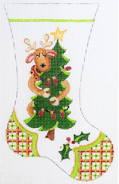 click here to view larger image of Mini Stocking w//Reindeer Embracing Christmas Tree (hand painted canvases)