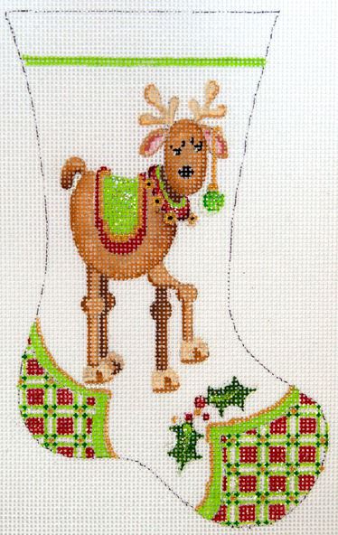 click here to view larger image of Mini Stocking w//Reindeer Decked out for Christmas  (hand painted canvases)