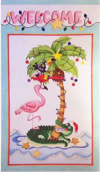 click here to view larger image of Palm Tree w/Lights and Ornaments Banner (hand painted canvases)