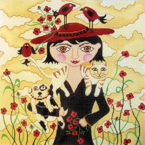 click here to view larger image of Lady w/Cat Dog and Birds - DH-06 (hand painted canvases)
