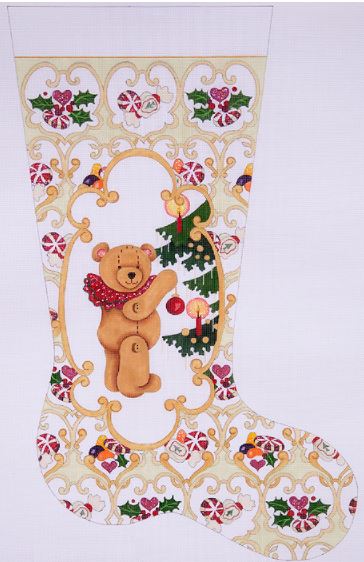 click here to view larger image of Bear w/Ornament in Gold Cartouche Stocking   (hand painted canvases)