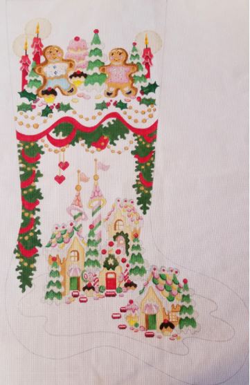 click here to view larger image of Gingerbread Village Stocking   (hand painted canvases)