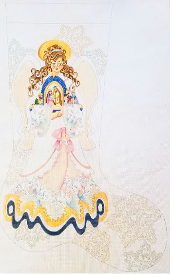 click here to view larger image of Angel w/Brown Hair Holding Nativity Stocking   (hand painted canvases)