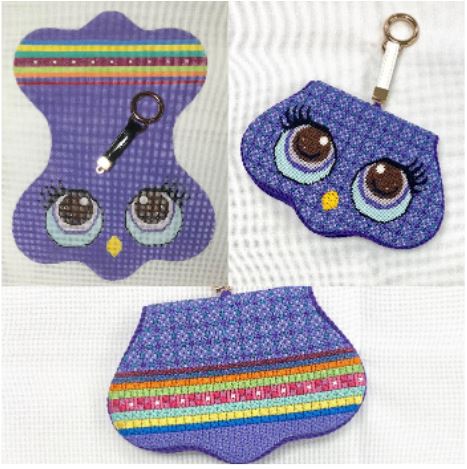 click here to view larger image of Eyeglass Case with Key Ring - Purple Owl (hand painted canvases)