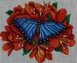 click here to view larger image of Blue Butterfly w/Orange Flowers  (hand painted canvases)
