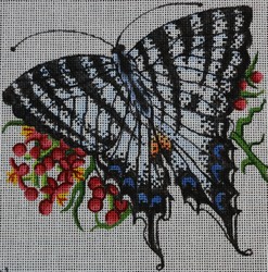 click here to view larger image of Blue/White/Black Butterfly w/Flowers  (hand painted canvases)