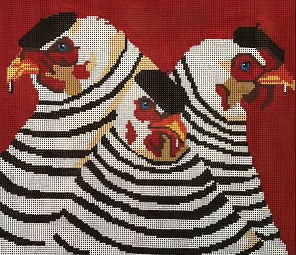 click here to view larger image of 3 French Hens on Red (hand painted canvases)