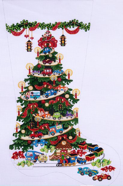 click here to view larger image of Transportation Tree Cars/Trucks/Red Ribbons Stocking (hand painted canvases)