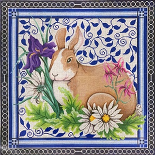 click here to view larger image of Bunny in Garden Blue Leaves/Blue Border (hand painted canvases)