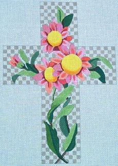 click here to view larger image of Cross - Pink Daisy on Taupe Check (hand painted canvases)