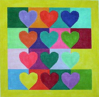 click here to view larger image of Multi Hearts on Squares (hand painted canvases)