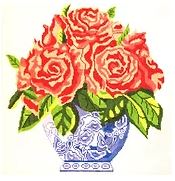 click here to view larger image of Small Blue Vase of Roses - Coral (hand painted canvases)