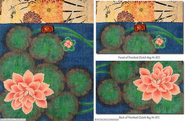 click here to view larger image of Clutch Bag - Waterlilies w/Obi Flap and Boxwood Button (hand painted canvases)