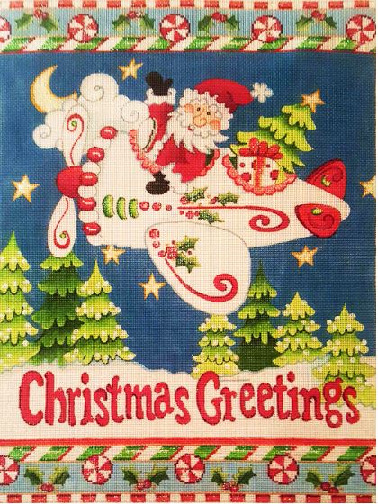 click here to view larger image of Christmas Greetings Banner w/Santa in Airplane (hand painted canvases)